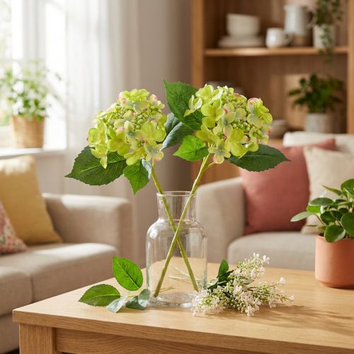 Dirbtinės hortenzijos Žalios Gėlės Lapai L43cm 2vnt | Floristik24.lt
