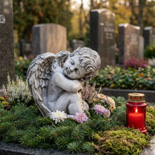 Angelas sėdi dekoratyvinis figūrinis kapo papuošimas pilkas poliresinas H18cm | Floristik24.lt