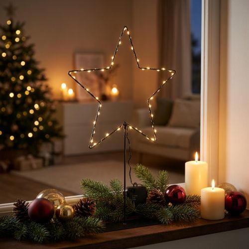 LED žvaigždė su baterijų skyriumi ant stovo palangei ir stalui 46 cm | Floristik24.lt
