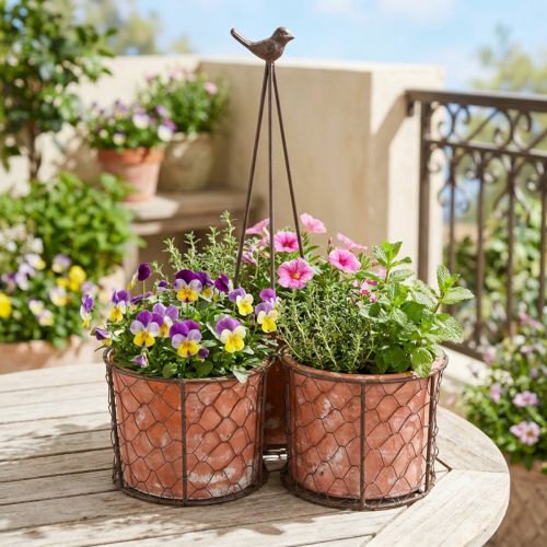 Gėlių vazonas keraminis tinklinis krepšelis metalinis rudas Ø30cm H11,5cm | Floristik24.lt