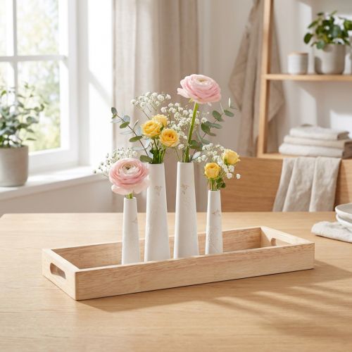 Dekoratyvinis padėklas Wood Mini Vazos Keraminės Baltas Auksas 35x14cm | Floristik24.lt