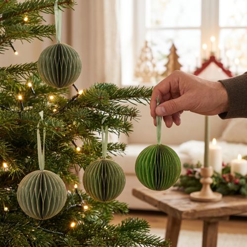daiktų Kalėdiniai žaisliukai, popieriniai korio formos kamuoliukai, žali ir auksiniai, 7 cm, 4 vnt., dekoracija