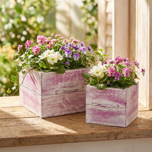 Augalų stalčius su rankena rausvos baltos medienos 12/15cm rinkinys 2 | Floristik24.lt