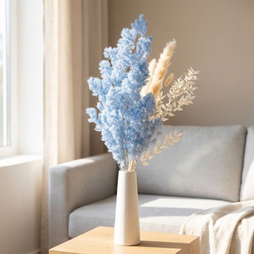 Šviesiai mėlynos plunksninės šparagų dekoratyvinės džiovintos gėlės 55-70cm | Floristik24.lt