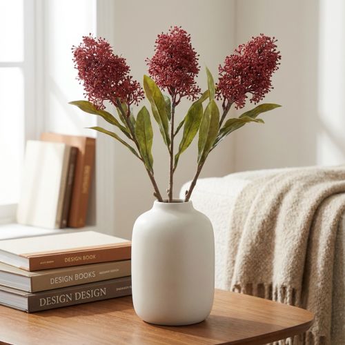 „Skimmie“ dirbtinės gėlės, burgundiškos, japoninės „Skimmia“ sauso efekto, 59 cm, 3 vnt. | Floristik24.lt