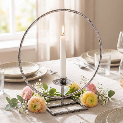 Dekorinis žiedas metalinis žvakidė sidabrinis shabby chic Ø32cm | Floristik24.lt