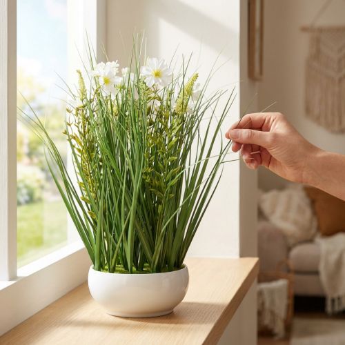 Dekoratyvinė žolė su Cosmea gėlėmis dubenyje H45cm | Floristik24.lt