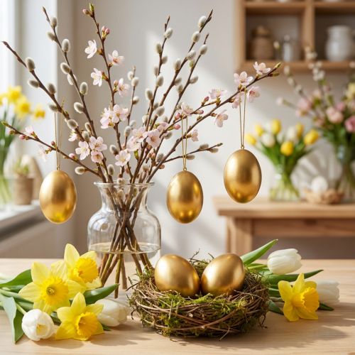 Vištienos kiaušiniai Golden Blown Eggs Velykų dekoracija 10 vnt | Floristik24.lt