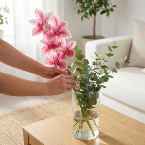 daiktų Cymbidium dirbtinė orchidėja 5 žiedai rožinės spalvos 65cm