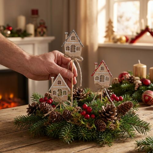 Dekoratyviniai kištukai Kalėdų dekoravimo nameliai mediniai 4,5x5cm 12 vnt | Floristik24.lt