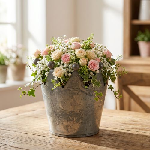 Deco karūna antikvarinės išvaizdos pilka metalinė stalo puošmena Ø12,5cm H12cm | Floristik24.lt