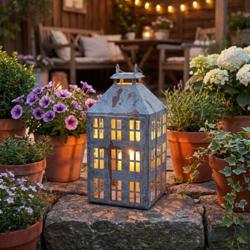 Vintažinis dekoratyvinis žibintas, metalinis švyturys, shabby chic stiliaus, aukštis 35 cm | Floristik24.lt