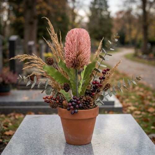 Dirbtinė gėlė Banksia rožinė rudens dekoracija proginė floristika 64cm | Floristik24.lt