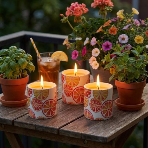 daiktų Žvakės Lauko keraminis vazonėlis Citronella Fruit H7cm 3vnt