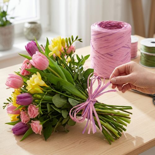 daiktų Raffia daugiaspalvė dovanų juostelė rožinė-rožinė, floristų reikmenys, dekoratyvinė juostelė L200m