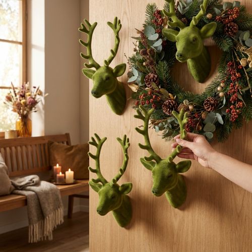 Dekoratyvinė elnio galva flokuota samanų žalia 10cm x 20cm 3 vnt | Floristik24.lt