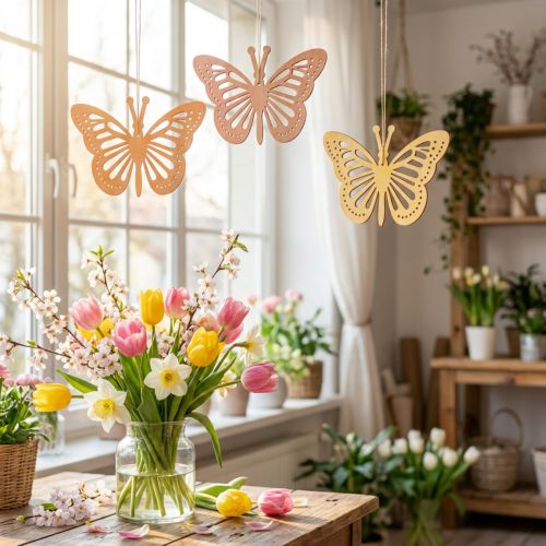 Dekoratyviniai drugeliai Dekoratyvinė kabykla oranžinė/rožinė/geltona 12cm 12 vnt | Floristik24.lt