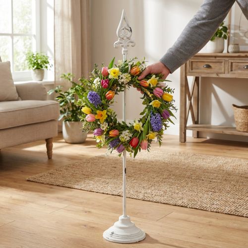 Vainikų laikiklis, baltas, „Shabby Chic“ stiliaus, vainikų stovas, 1 kabliukas, aukštis 76 cm | Floristik24.lt