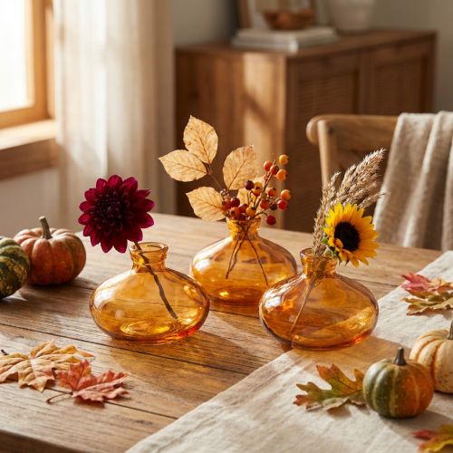 Mini stiklinės vazos, svogūninės, plokščios, oranžinės spalvos, Ø9 cm, 6 vnt. | Floristik24.lt