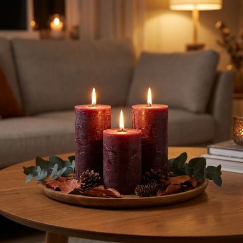 4 bordo spalvos kolonėlių žvakių rinkinys, vienspalvės, 70x120 mm - Dekoratyvinės žvakės namų atmosferai ir gerovei | Floristik24.lt