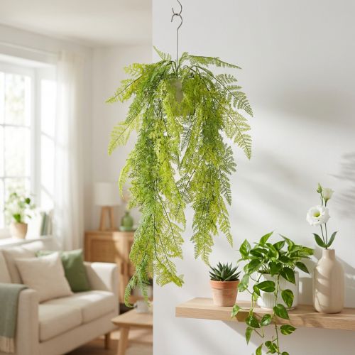 daiktų Dirbtinis paparčio kabantis augalas, dekoratyvus interjero akcentas, modernūs akcentai, 80 cm