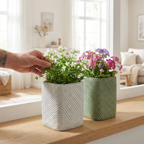 Sodintuvas keramikinis baltas žalias reljefinis tinklelis 12x12cm A17,5cm 2vnt | Floristik24.lt