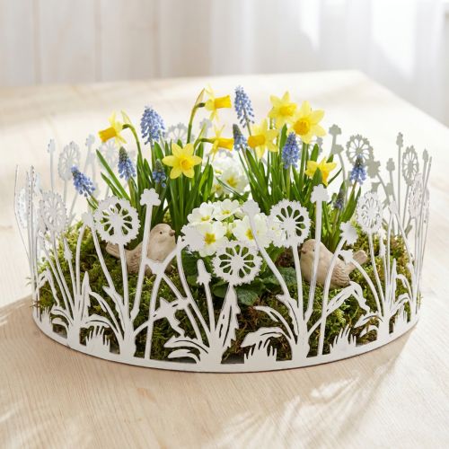 Dekoratyvinis padėklas su kiaulpienėmis, metalinė puošmena pavasario baltumui, sidabrinė shabby chic Ø25cm H10.5cm | Floristik24.lt