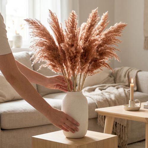 Džiovintos nendrinės dekoracijos, abrikosų spalvos, 75 cm, 10 vnt., bohemiškos pampos žolės | Floristik24.lt