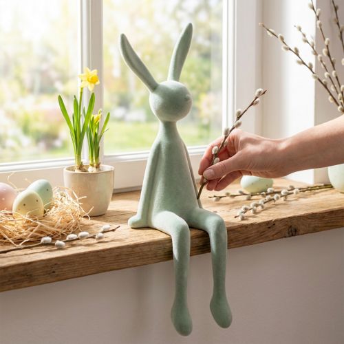 Velykų zuikučio padėklas lentynai, sėdintis triušis, pūkuotas, pilkai žalias, 56 cm | Floristik24.lt
