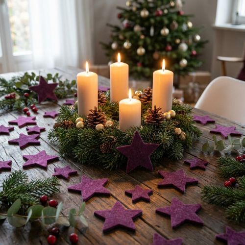 Išsklaidytos dekoracijos žvaigždės flokuotos aksominės žvaigždės violetinės uogos 4/5cm 40 vnt. | Floristik24.lt