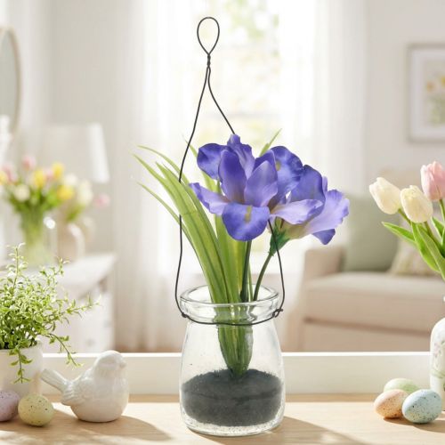 Iris alyvinė stiklinėje pakabinimui H21,5cm | Floristik24.lt