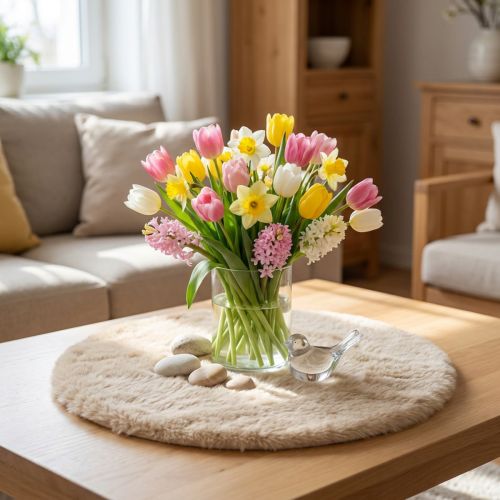 Dirbtinio kailio dekoratyvinio kailio apvalaus stalo bėgimo kailinis kilimas smėlio spalvos Ø38cm | Floristik24.lt