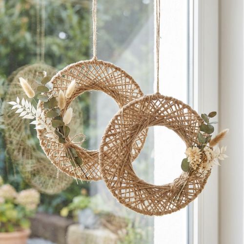 daiktų Boho stiliaus pakabinami dekoratyviniai žiedai, džiuto natūralus pluoštas, Ø28cm, sienos dekoracija, lango dekoracija, 4 vnt. rinkinys
