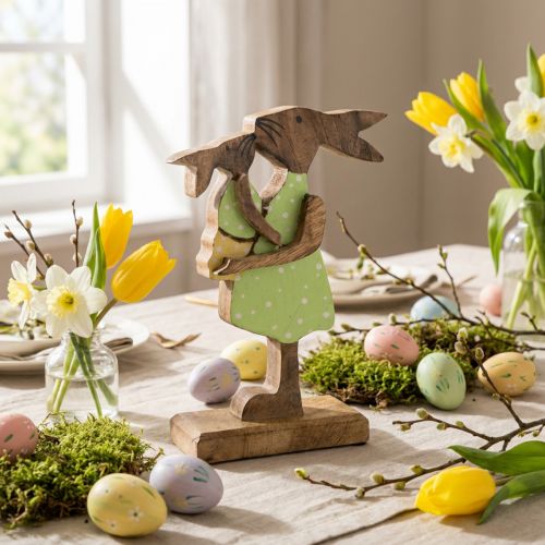 Kiškučio mama su vaiku, Velykų puošmena, pavasaris, Velykų zuikis iš medžio, natūralus, žalias, geltonas H22cm | Floristik24.lt