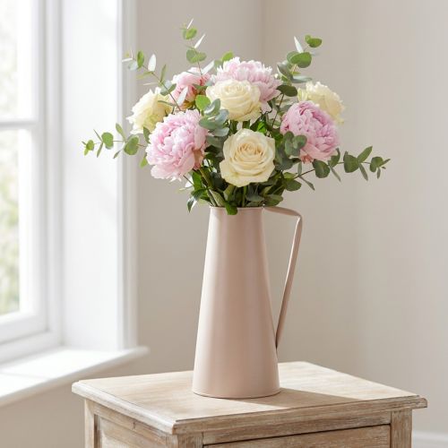 Dekoratyvinė metalinė vaza, dekoratyvinis ąsotis, rožinė, kūginė, vintažinė gėlių vaza, 38 cm | Floristik24.lt
