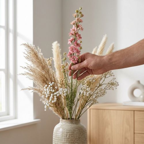 Džiovintas (dirbtinis) rožinis pentukas (Delphinium rainbow), dekoratyvinė vaza su gėlėmis 64 cm 25 g | Floristik24.lt