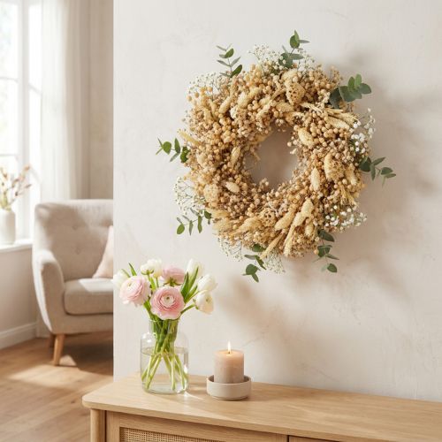 Sausu gėlių vainiku balintas dekoratyvinis vainiko kremas Ø25cm | Floristik24.lt