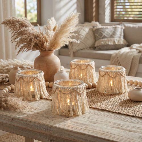 Lantern Glass Fringes Macrame Cream Boho Ø9,5cm 4vnt | Floristik24.lt