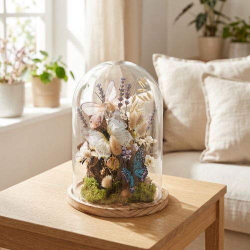 Stiklinis varpelis ant medinio padėklo, stiklinis indelis, skaidrus, natūralus, Ø17cm, H24cm | Floristik24.lt