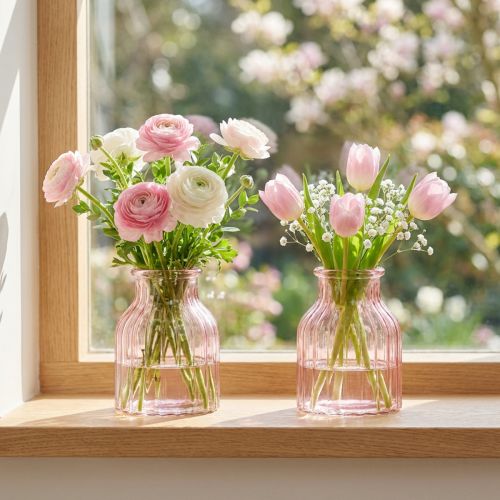 Stiklinė gėlių vaza, retro, rausvo atspalvio, Ø11cm, aukštis14.5cm, 2 vnt. | Floristik24.lt