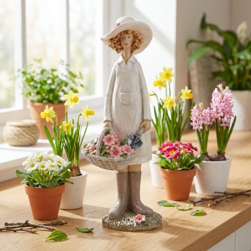 Dekoratyvinės figūrėlės sodininkas, dekoratyvinė moteris su gėlėmis, baltai rožinė, H21cm | Floristik24.lt