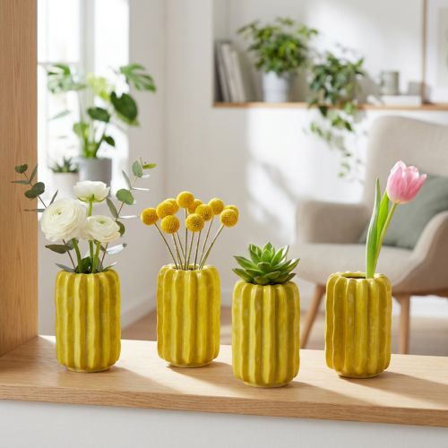 daiktų Kaktuso formos keraminė vaza, griovelių konstrukcijos dizainas moderniam gyvenimui, 13 cm, 4 dalys