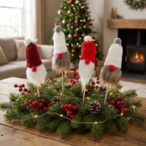 Gnome klijuoti su megzta kepure raudona, balta, pilka 11-13cm L34-35,5cm 12 vnt. | Floristik24.lt