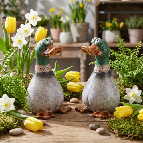 Ducks dekoratyvinis keraminis rudas žalias sėdimas H17,5cm 2 vnt | Floristik24.lt