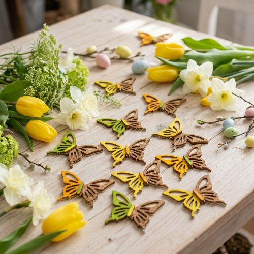 Išsklaidytos dekoracijos drugeliai medis žalia/geltona/oranžinė 3×4cm 24 vnt | Floristik24.lt