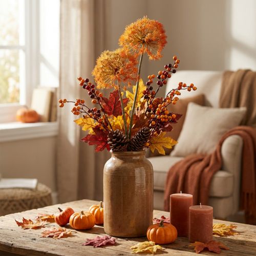 Deco šakelė dirbtinė šakelė rudens puošmena 2 žiedynai oranžiniai 82cm | Floristik24.lt