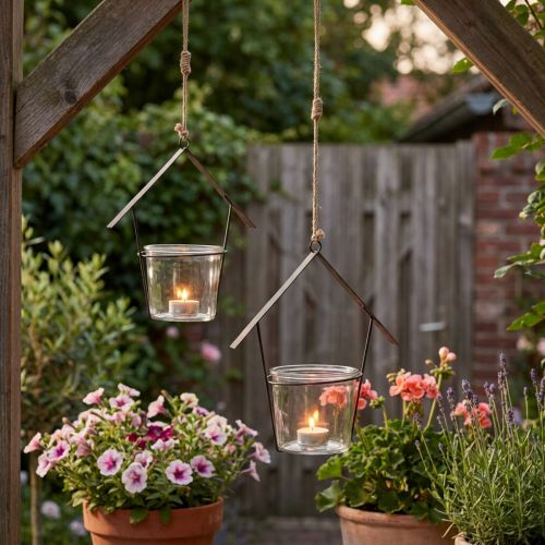 Žibintų namelis, arbatinės žvakutės laikiklis pakabinimui, metalinė apdaila, stiklas H21,5cm 2vnt | Floristik24.lt