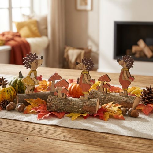 Ežiukas su grybais, rudens figūrėlė, medinis ežiukas, geltonas/oranžinis, aukštis 11 cm, 6 vnt. rinkinys | Floristik24.lt