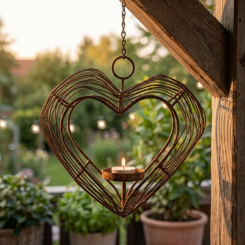 Arbatinės lemputės laikiklis metalinis pakabinamas dekoravimas rūdžių dekoravimo širdelė 22×7×20cm | Floristik24.lt