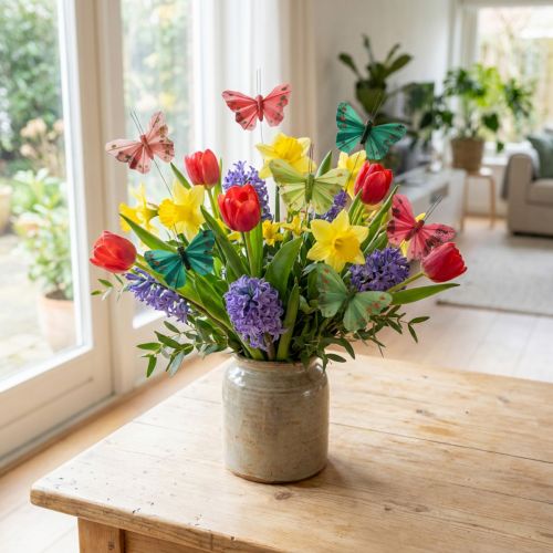 Mini drugelis ant vielos raudona, žalia 6,5cm 12 vnt | Floristik24.lt